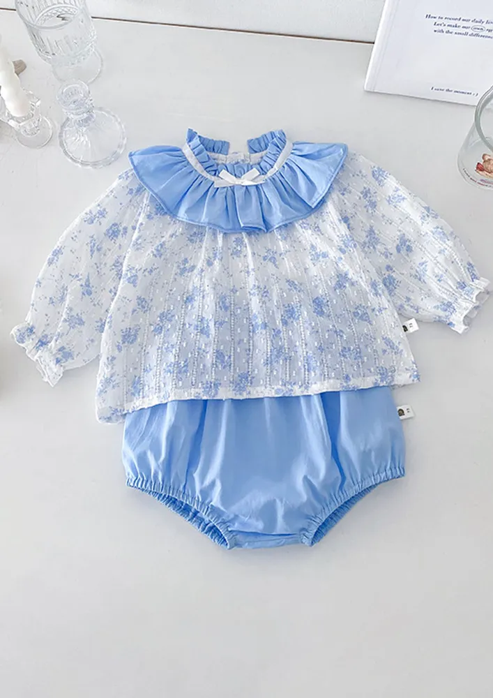 Blue Girls Floral Blouse With Solid Shorts