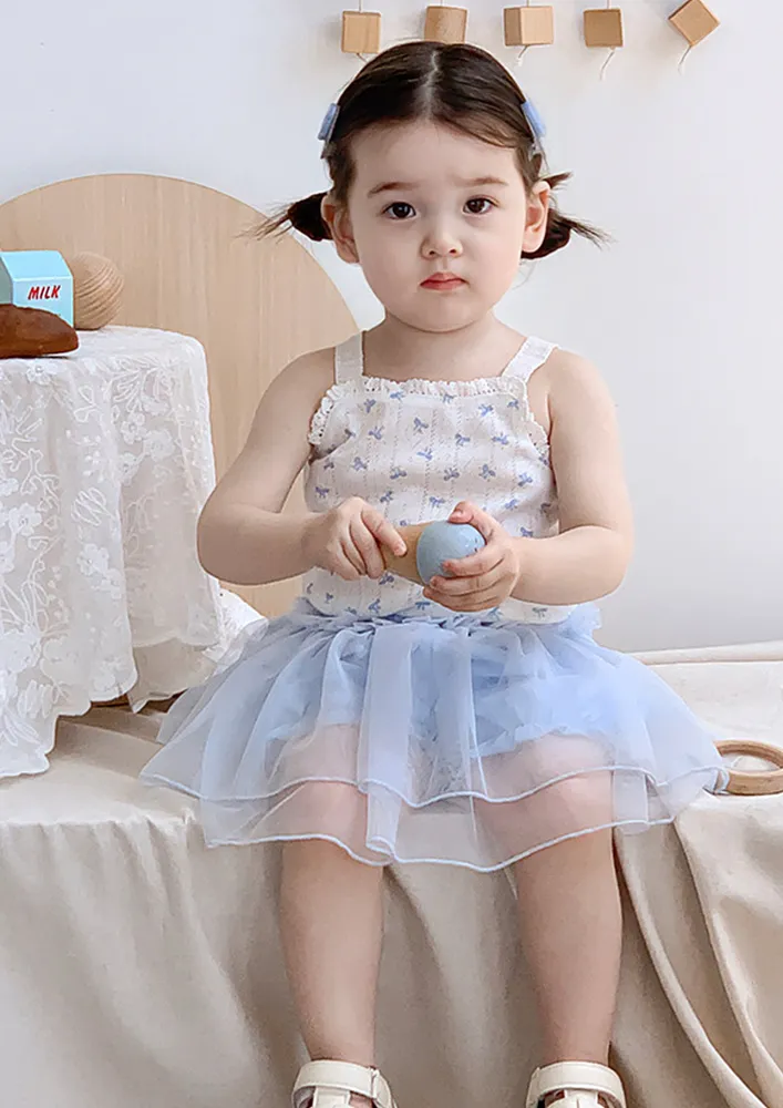 Girls Floral Print Top & Blue A-line Skirt