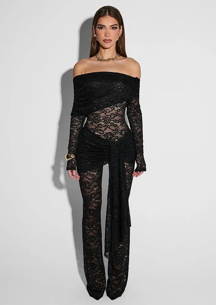 Off-shoulder Black Sheer Lace Jumpsuit