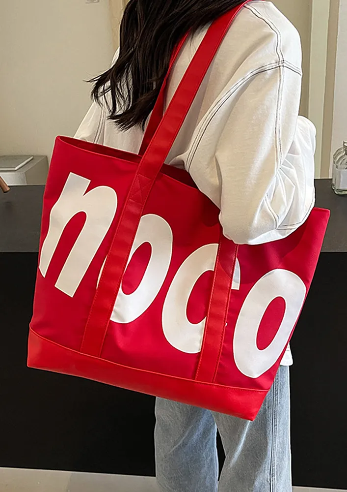 RED PRINTED LARGE CANVAS TOTE BAG