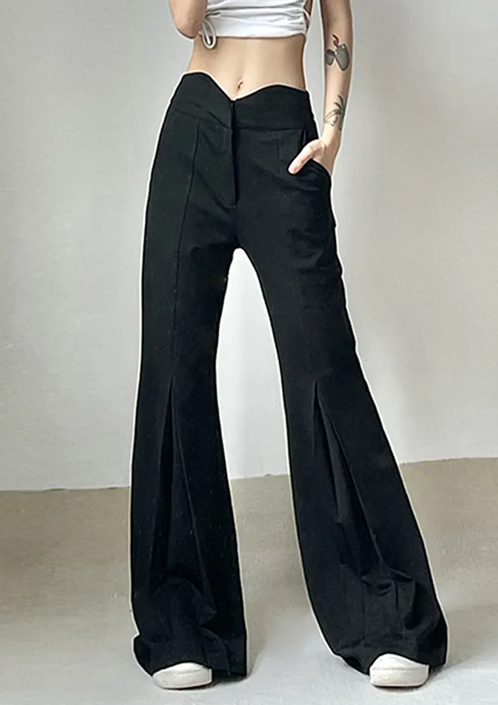 Black Kick-pleats Flare Trousers