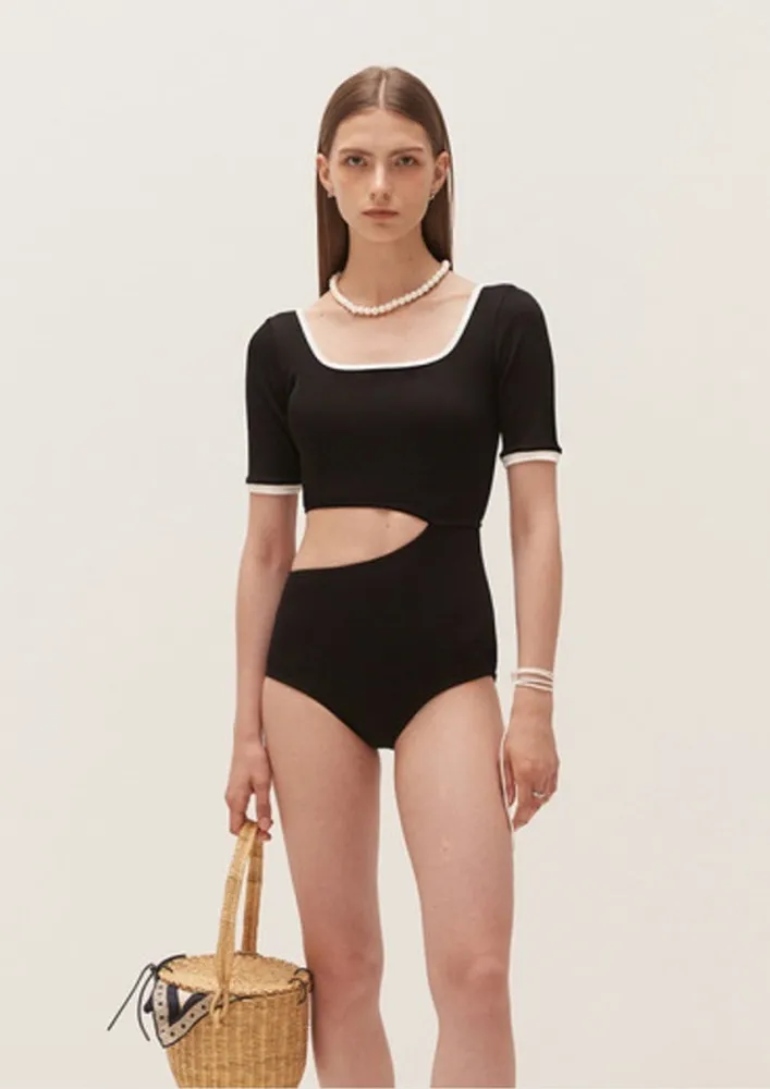 Contrast Black Scoop Neck Cut-out Swimsuit