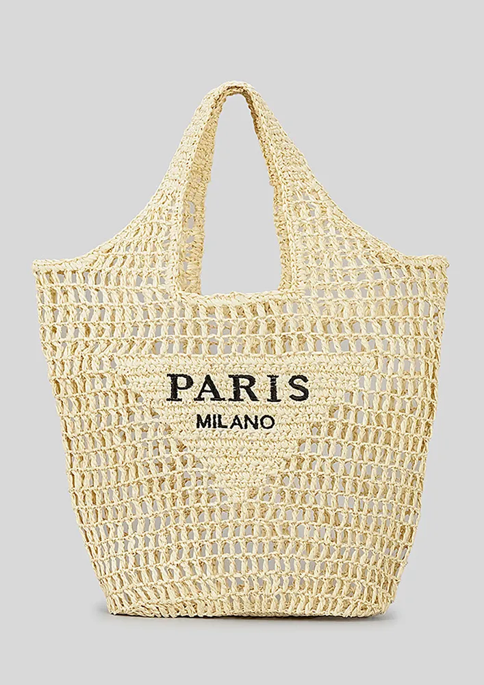 BEIGE STRAW-KNIT BEACH TOTE BAG