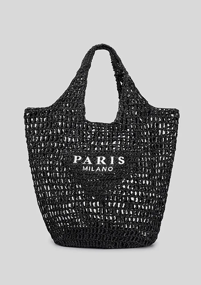 BLACK STRAW-KNIT BEACH TOTE BAG