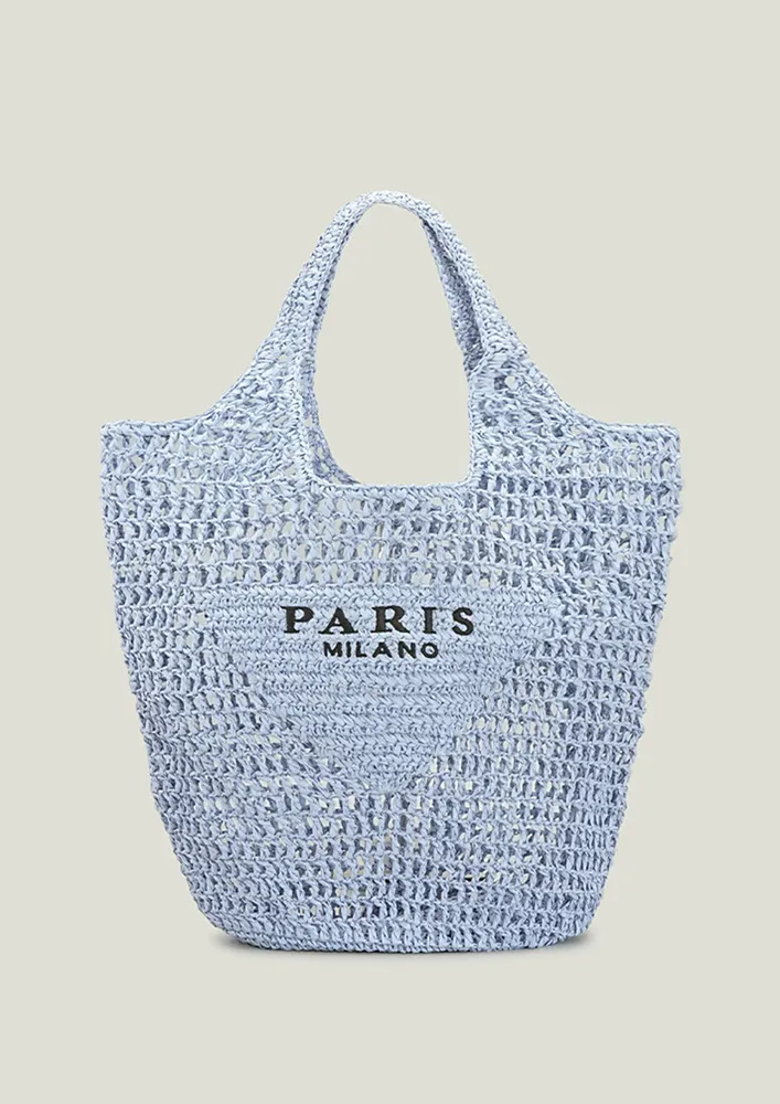 BLUE STRAW-KNIT BEACH TOTE BAG