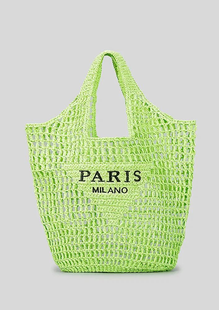 GREEN STRAW-KNIT BEACH TOTE BAG