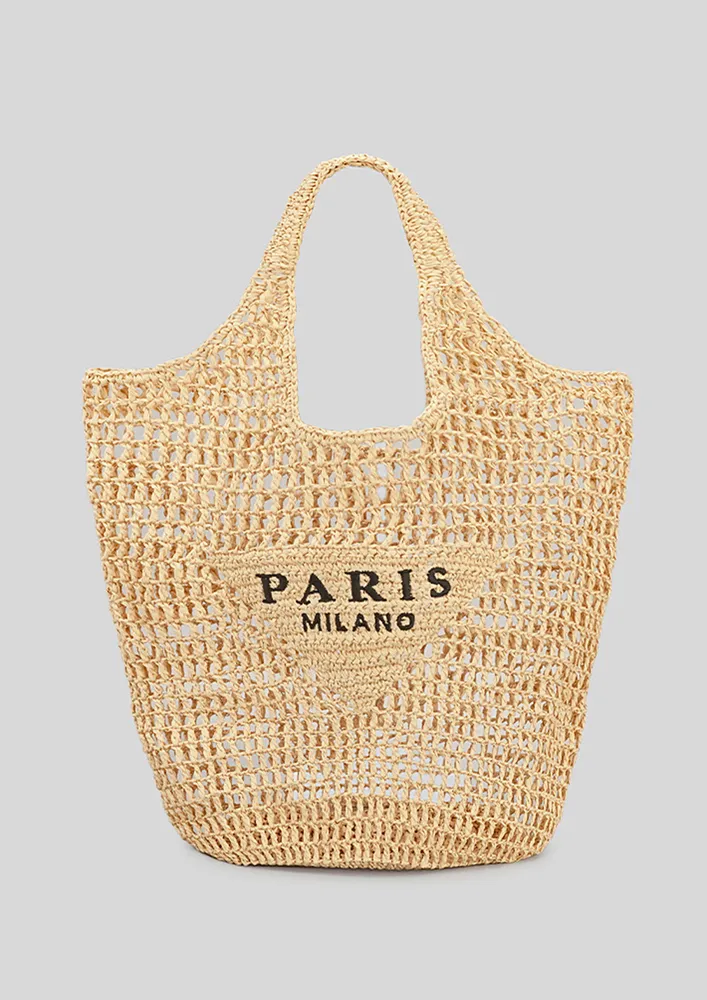 KHAKI STRAW-KNIT BEACH TOTE BAG