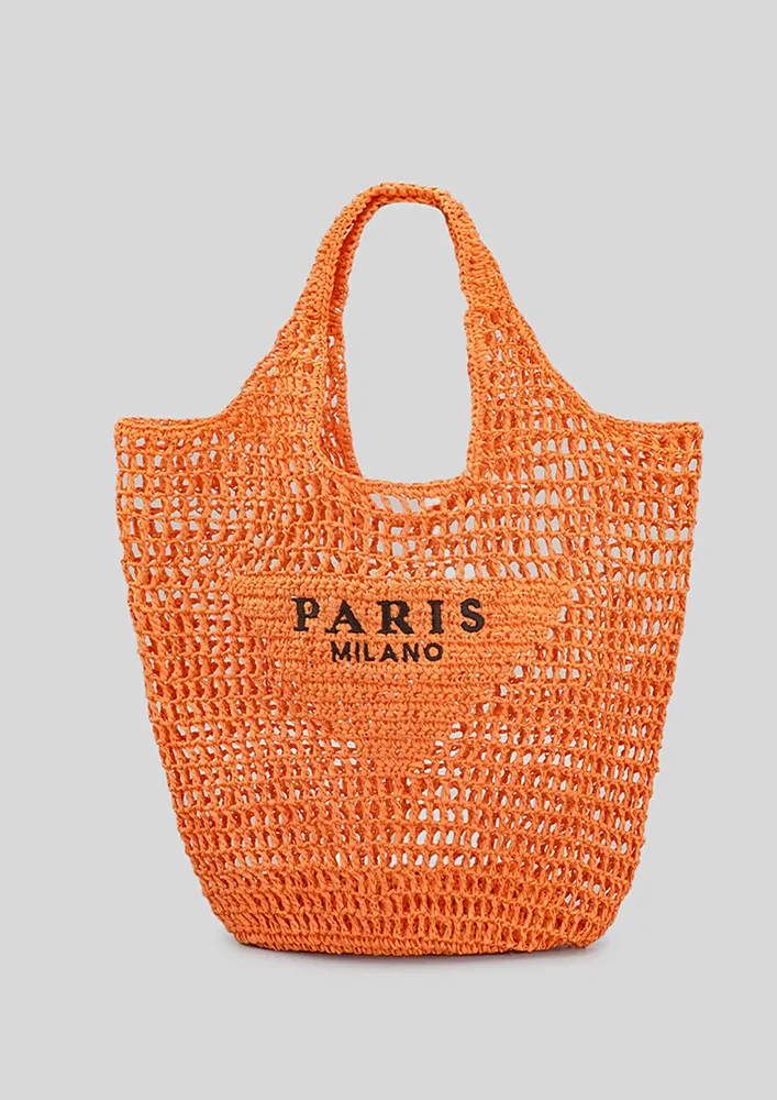 STRAW-KNIT ORANGE BEACH TOTE BAG