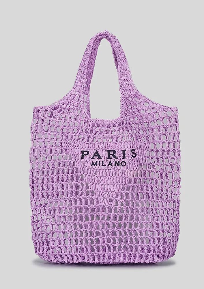 PURPLE STRAW-KNIT BEACH TOTE BAG