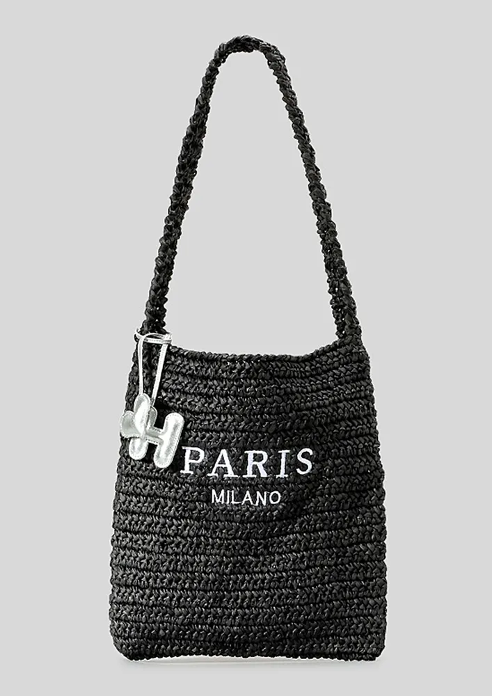 STRAW-KNIT SHOULDER BLACK BAG