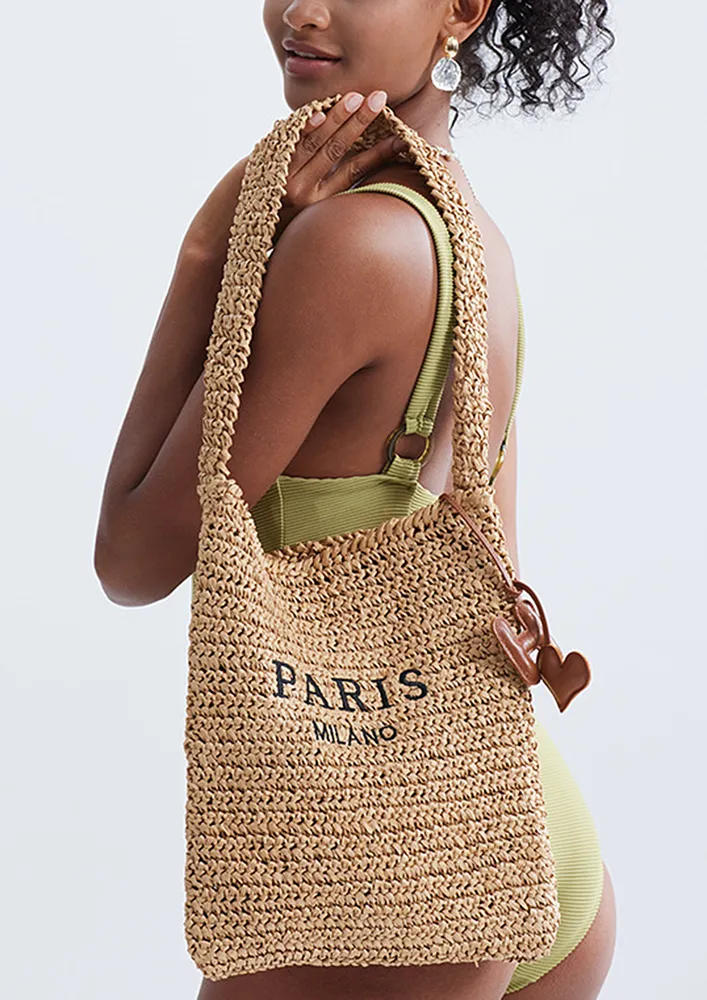 KHAKI STRAW-KNIT SHOULDER BAG