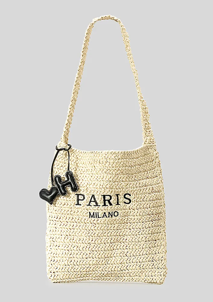 WHITE STRAW-KNIT SHOULDER BAG