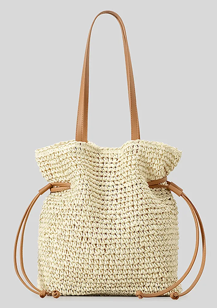 BEIGE DRAWSTRING BEACH TOTE BAG