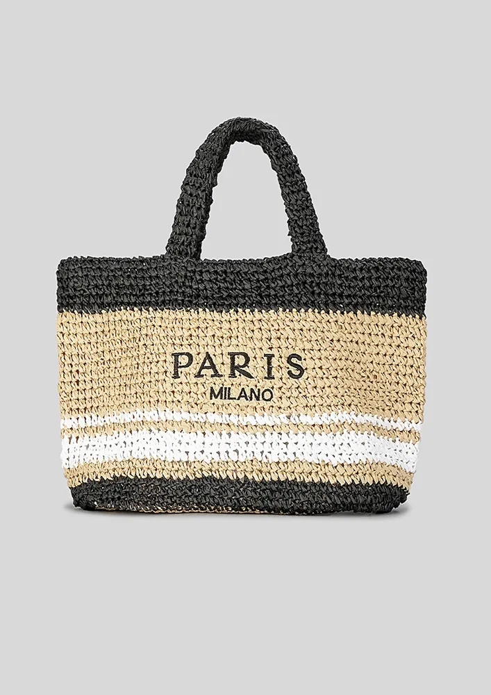 BLACK CONTRAST STRIPES BEACH TOTE BAG