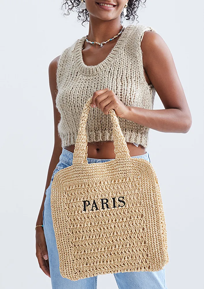 STRAW-KNIT BEIGE BEACH TOTE BAG