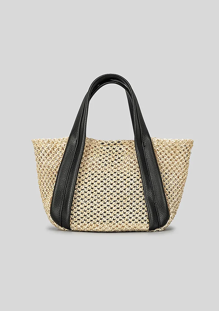 BLACK CONTRAST-STRAP BEACH HANDBAG