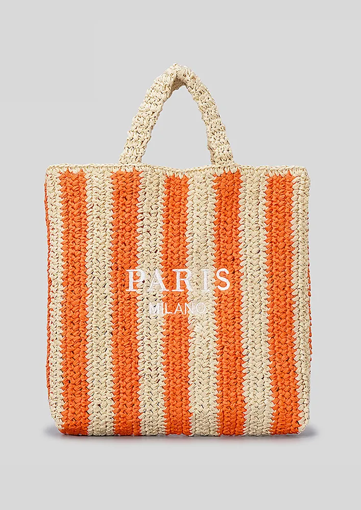 ORANGE STRIPED STRAW BEACH HANDBAG