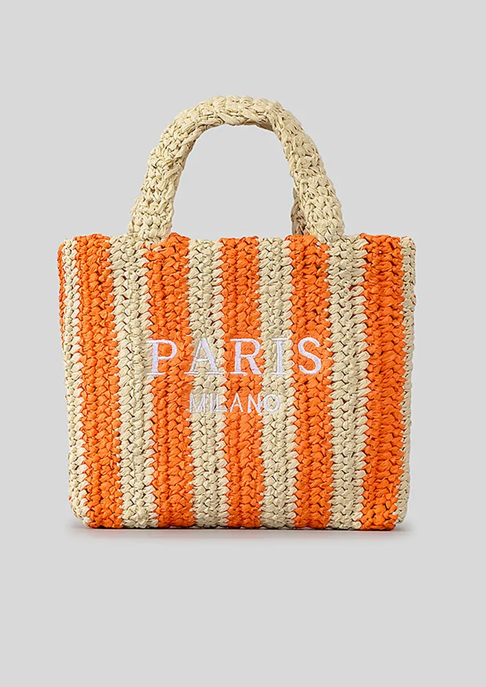 SMALL ORANGE STRIPED STRAW BEACH HANDBAG