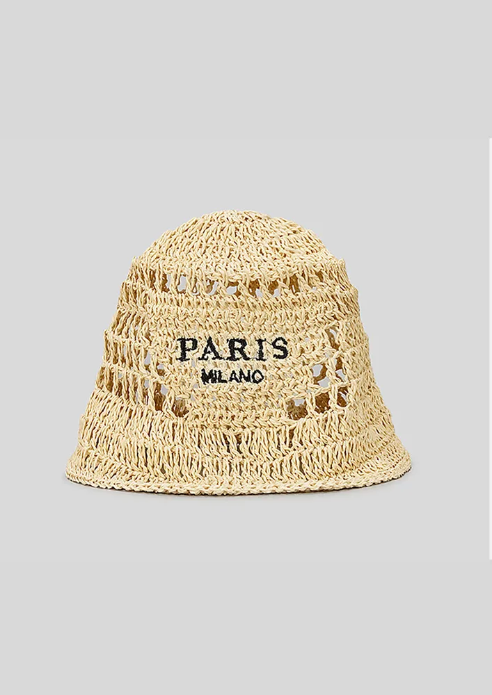 BROWN STRAW-KNIT BUCKET HAT