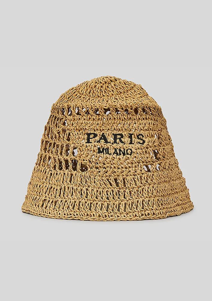 KHAKI STRAW-KNIT BUCKET HAT