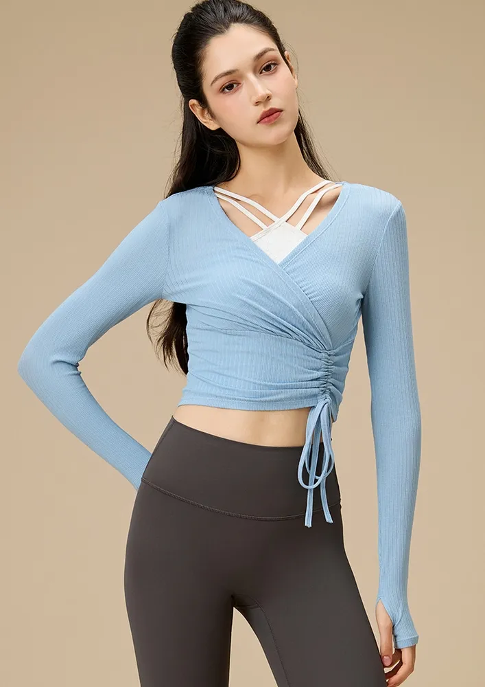 Drawstring V-neck Blue Activewear Top