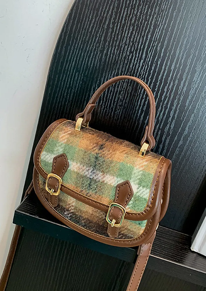 GREEN PLAID PATTERN SADDLE SLING BAG