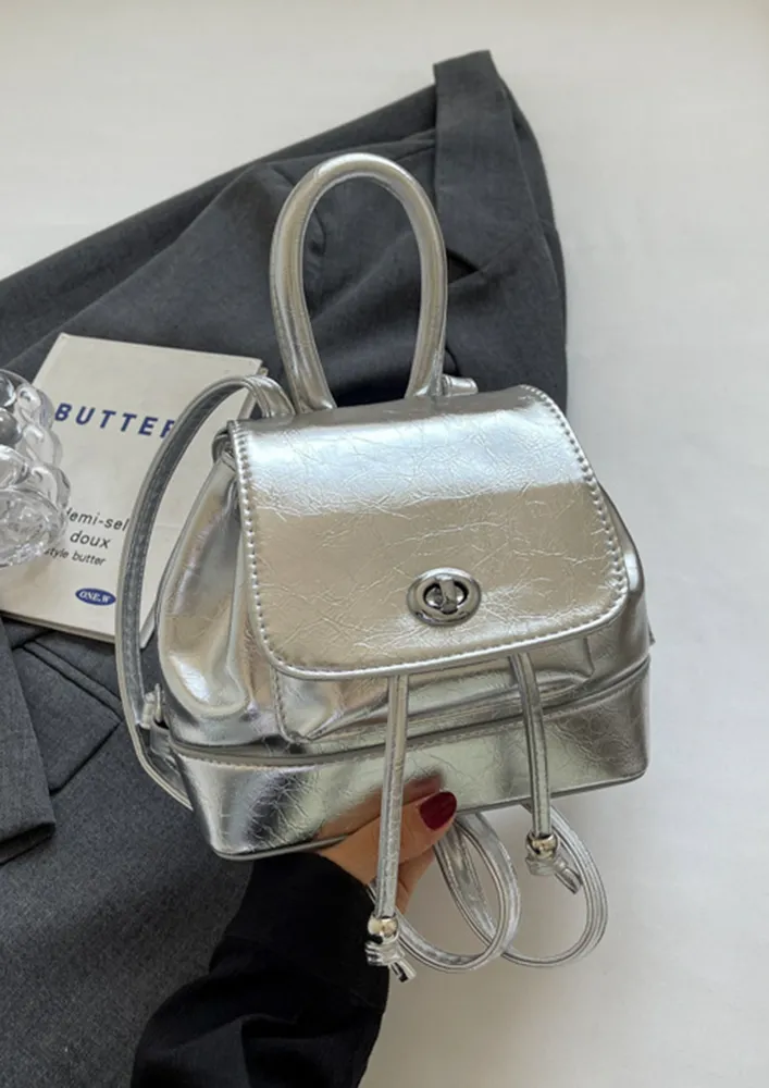 SILVER FAUX LEATHER FLAP FRONT BACKPACK