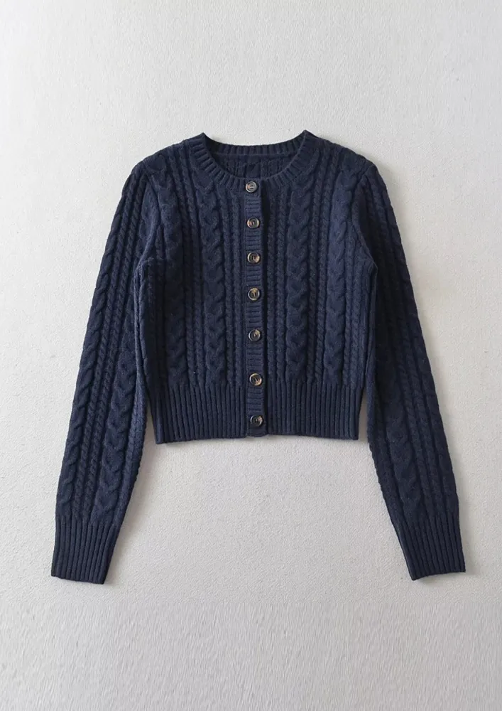 FREE SIZE CABEL KNIT DEEP BLUE CARDIGAN