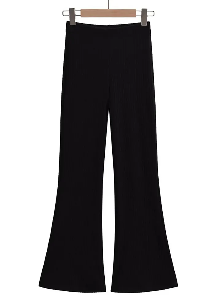 RIB-KNIT BLACK BELL-BOTTTOM TROUSERS