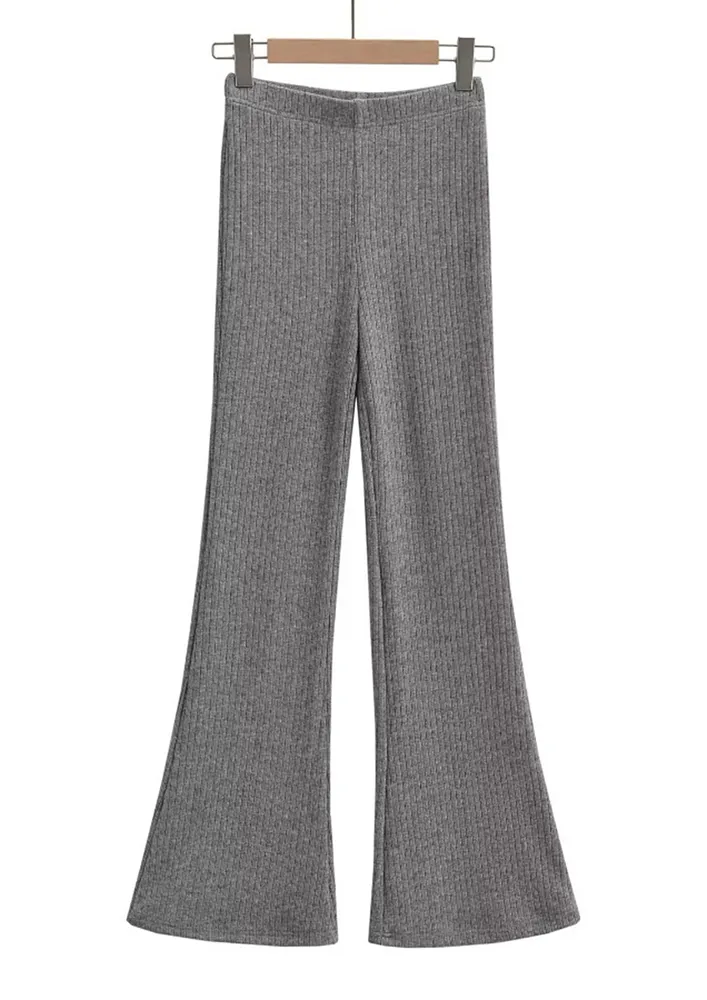 RIB-KNIT GREY BELL-BOTTTOM TROUSERS