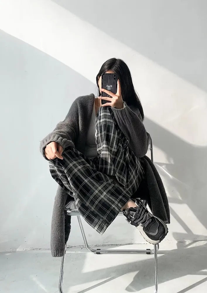 BLACK CASUAL PLAID PRINT WIDE LEG PANTS