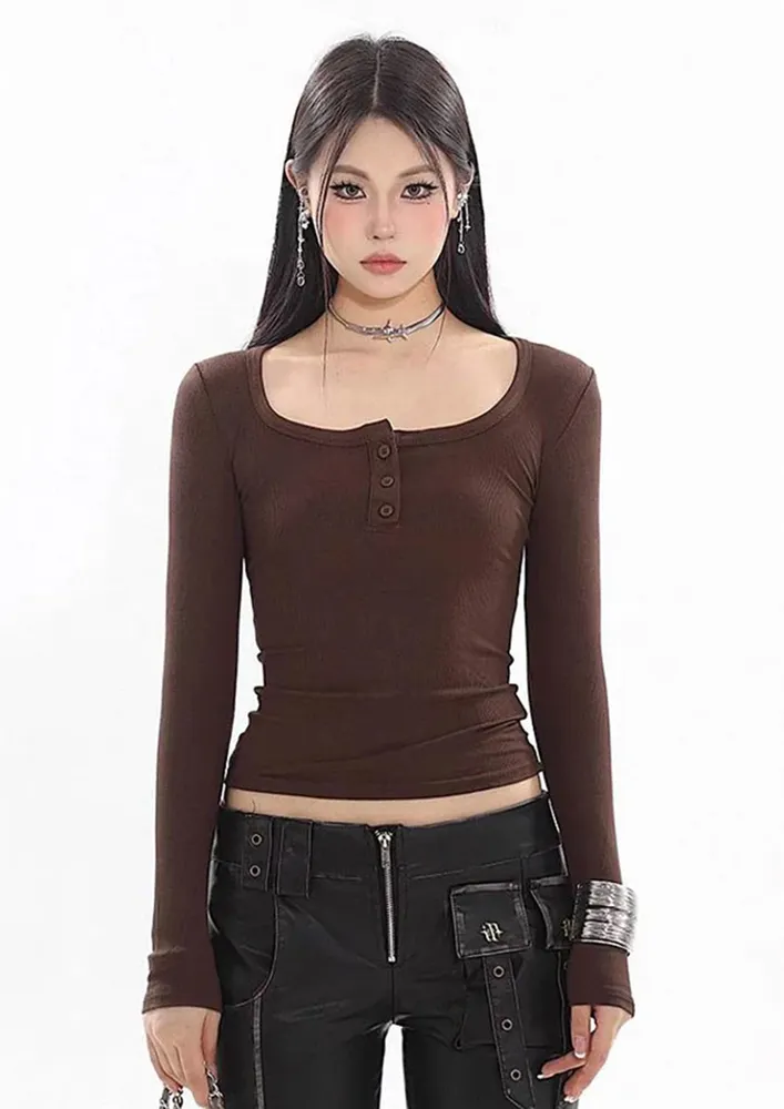 Brown Scoop Neck Full Sleeve Top