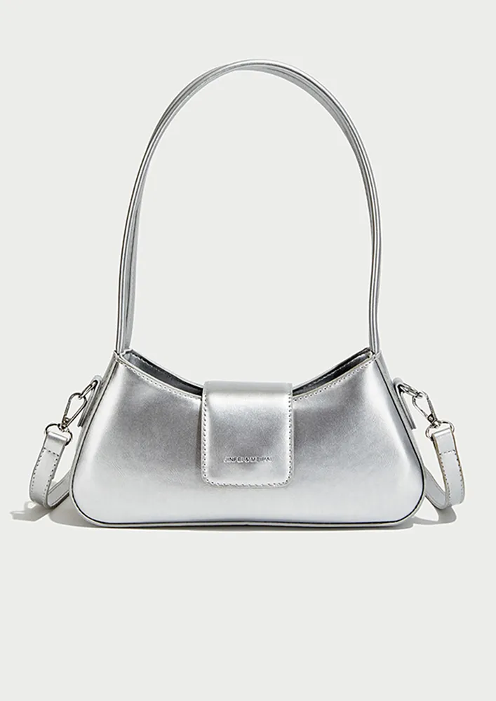 SILVER THIN FLAP FRONT SHOULDER BAG