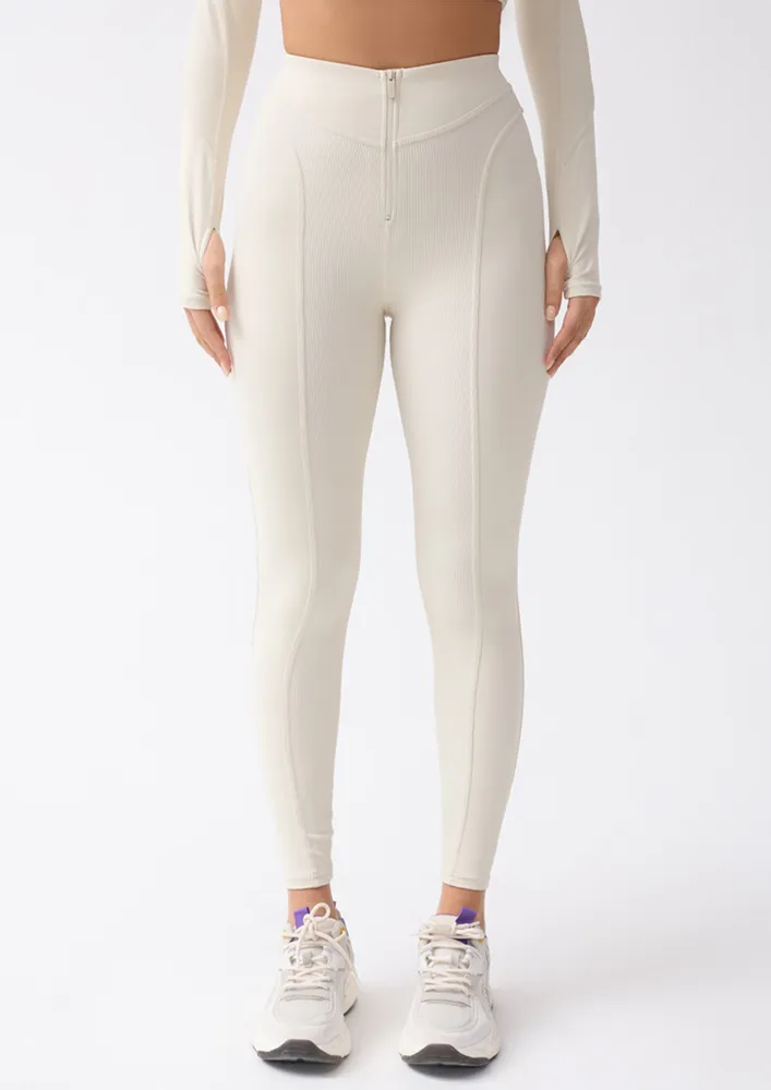 White Ribbed Detail Sports Tights