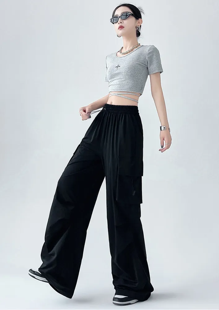 Black Pleated Detail Nylon Parachute Pants