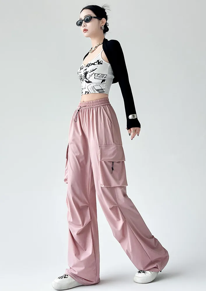 Pink Pleated Detail Nylon Parachute Pants