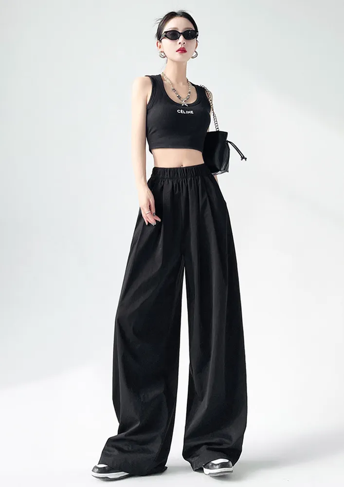 Black Elasticated High-waist Pleated Pants