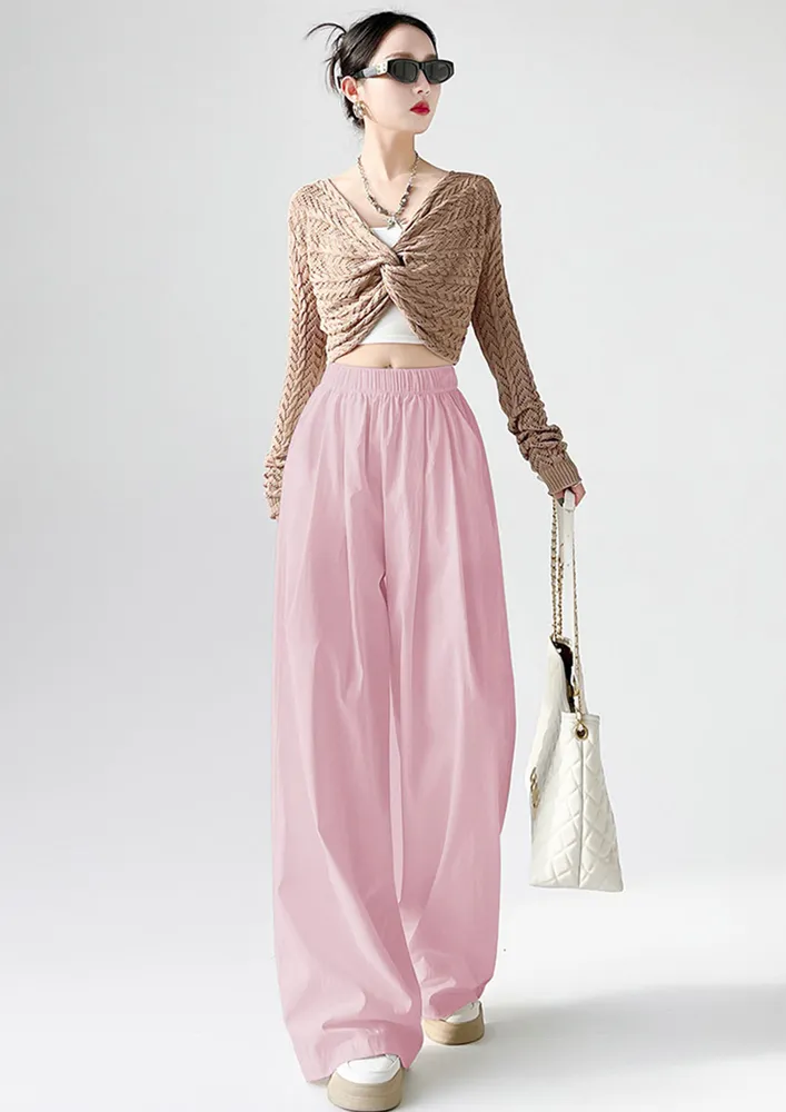 Pink Elasticated High-waist Pleated Pants