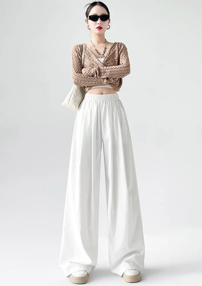 White Elasticated High-waist Pleated Pants