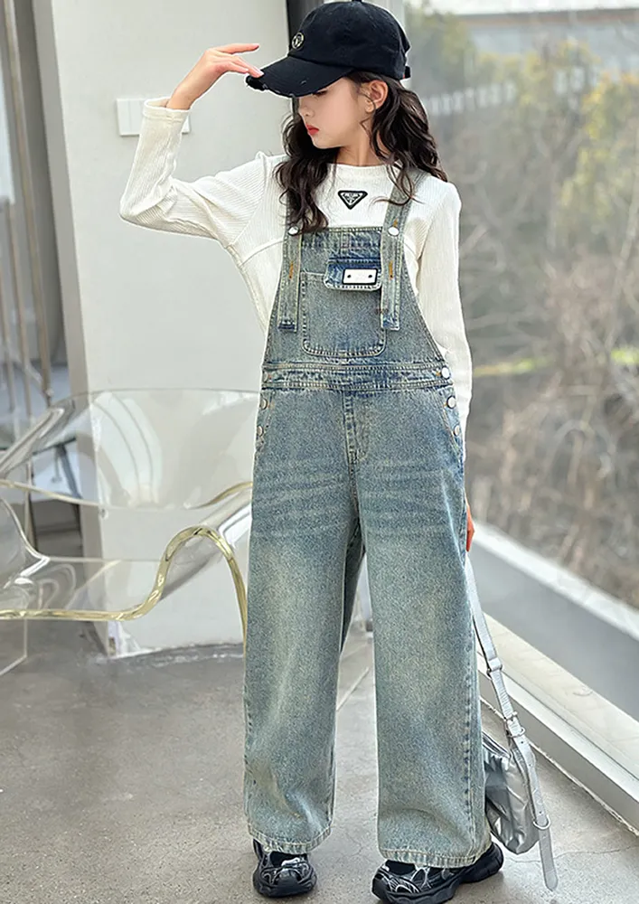 Girls Straight Legged Grey-blue Dungaree