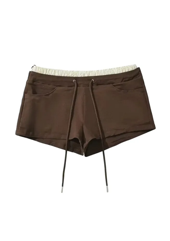 CONTRAST WAISTBAND BROWN HOTPANTS