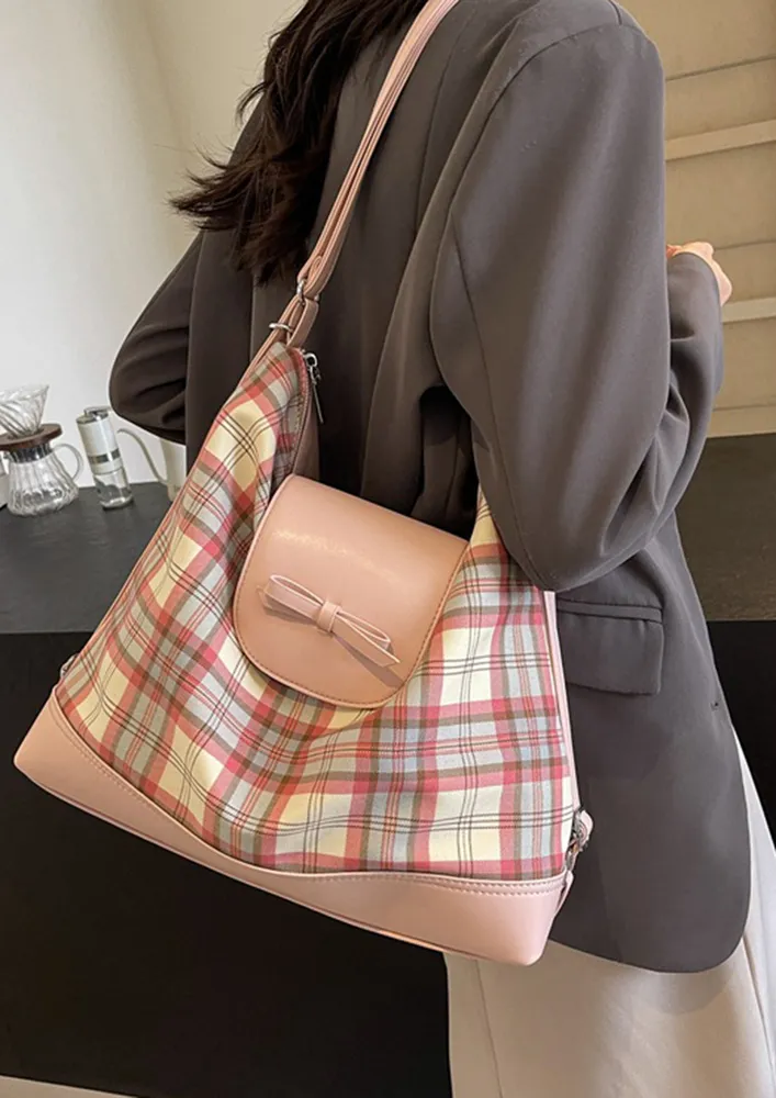 PINK PLAID PATTERN MULTIPURPOSE HOBO BAG