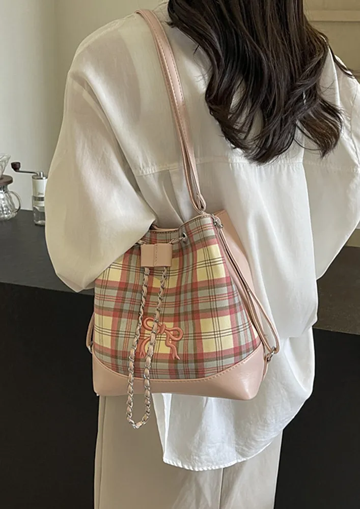 PINK PLAID PATTERN MULTIPURPOSE BUCKET BAG