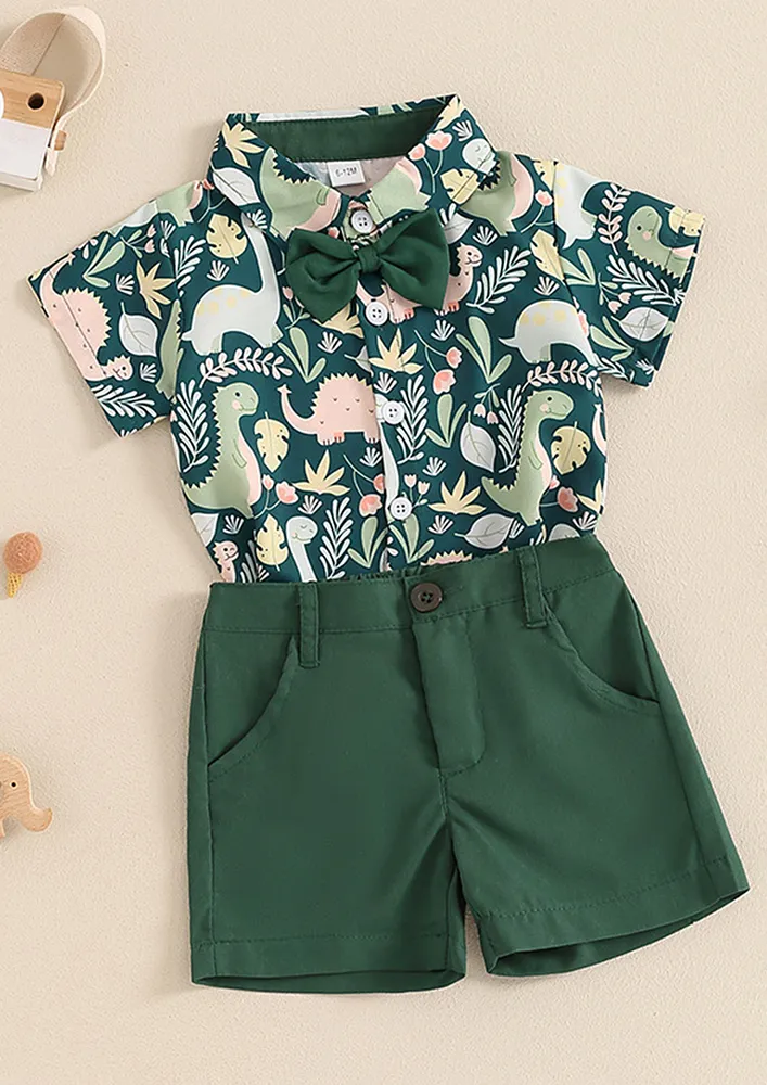 Boys Green Printed Shirt W/ Solid Shorts