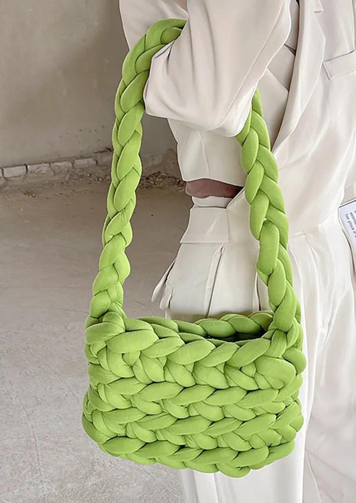 GREEN CROCHETED OPEN TOP SHOULDER BAG