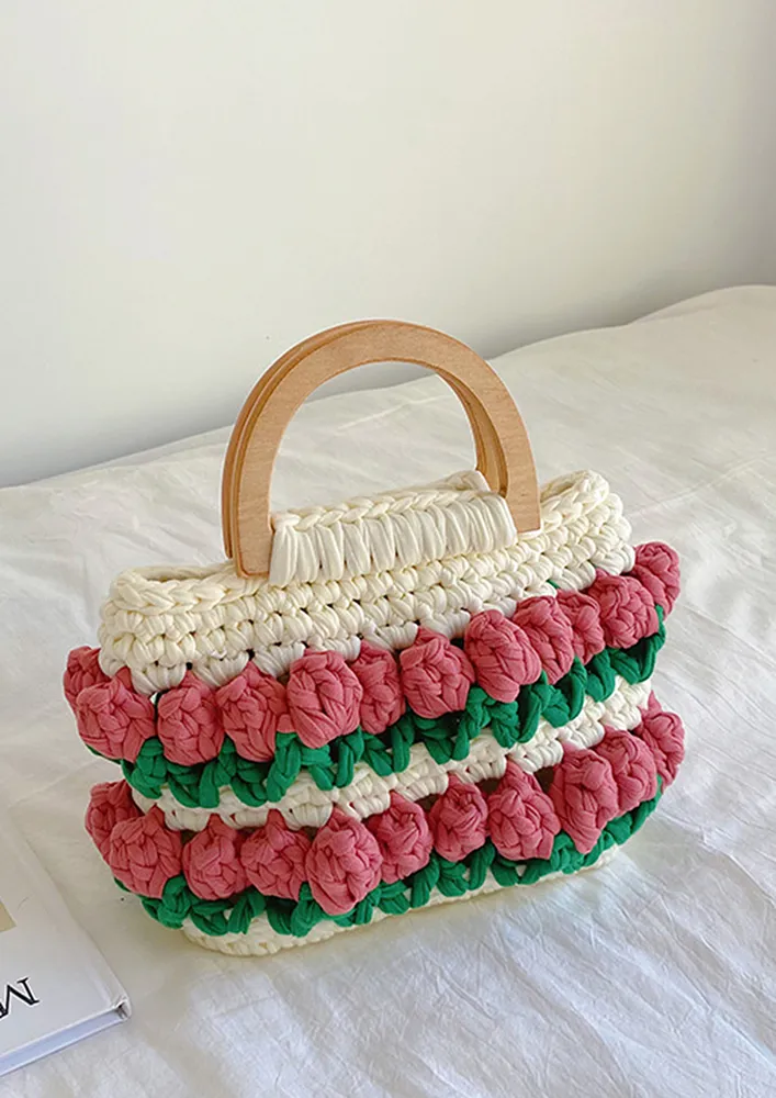 FLORAL CROCHET OPEN TOP HANDBAG