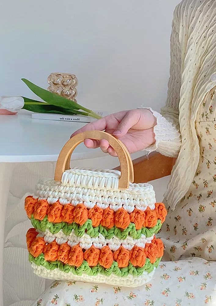 FLORAL CROCHET OPEN TOP ORANGE HANDBAG