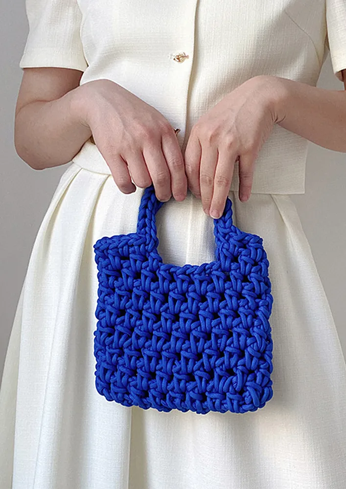 BLUE CROCHETED OPEN TOP HANDBAG