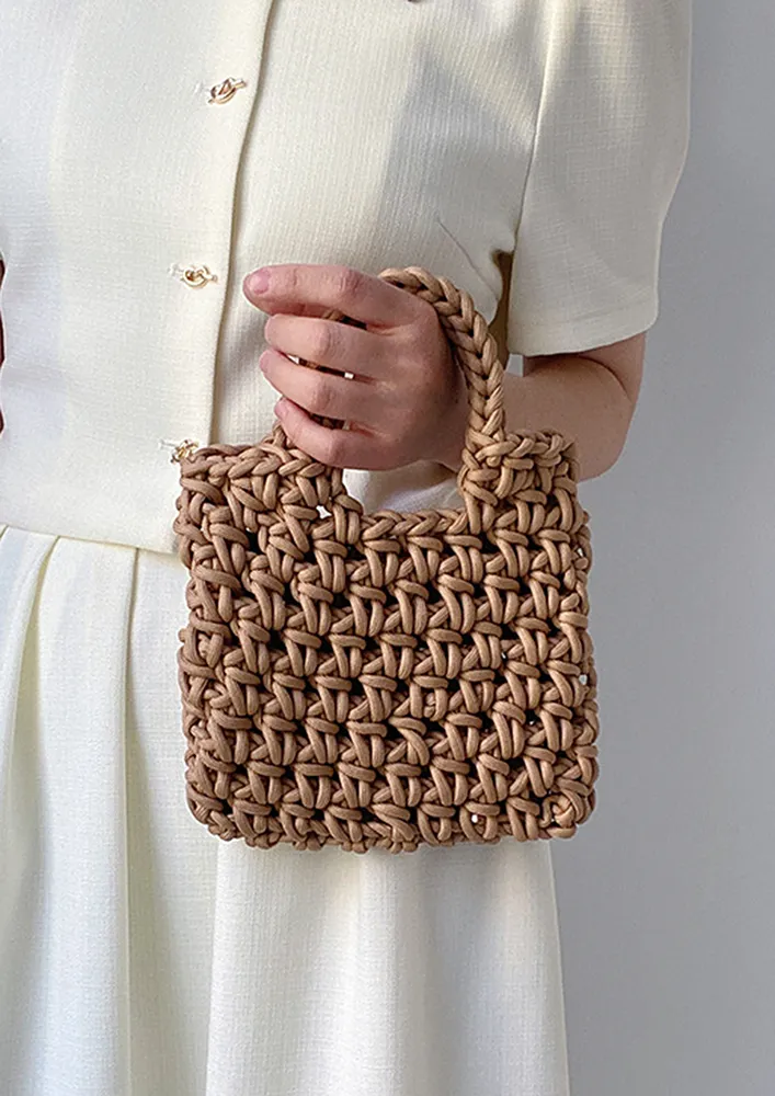 BROWN CROCHETED OPEN TOP HANDBAG