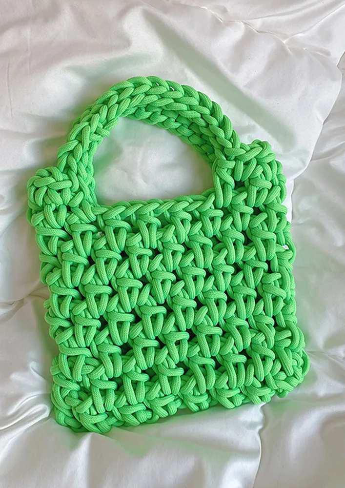 GREEN CROCHETED OPEN TOP HANDBAG